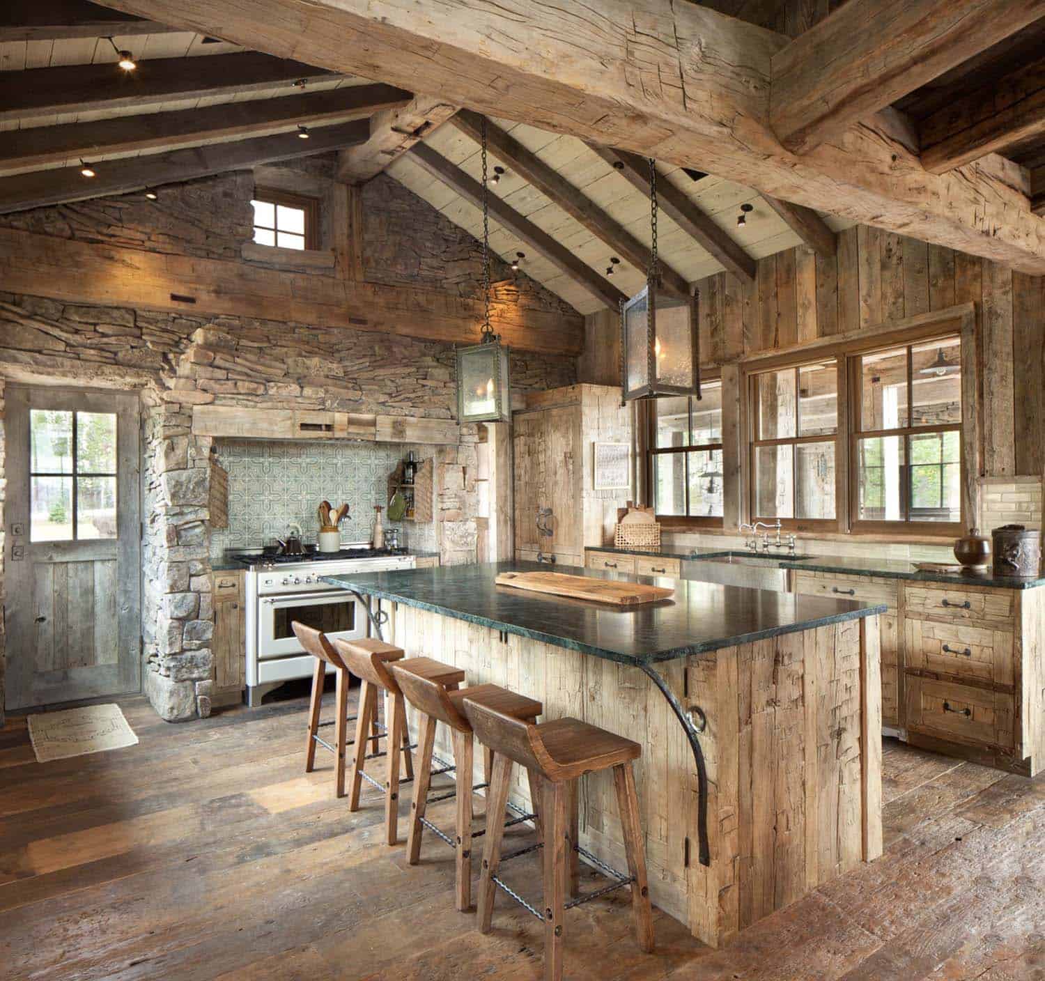 rustic kitchen with a large island and stone countertops