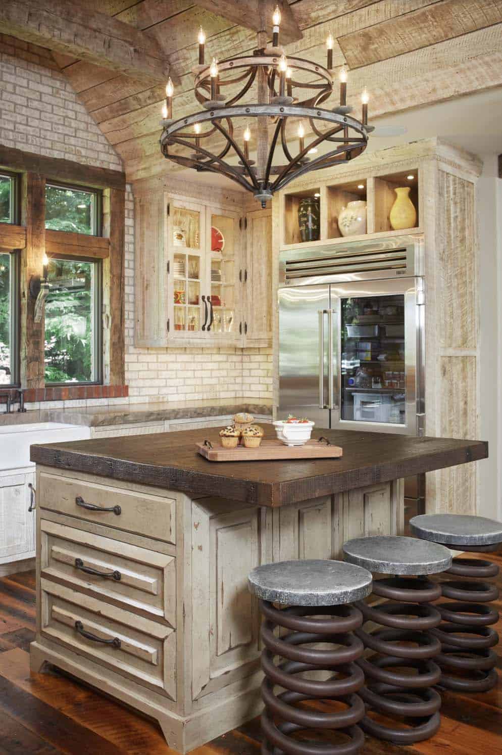 rustic kitchen with industrial bar stools