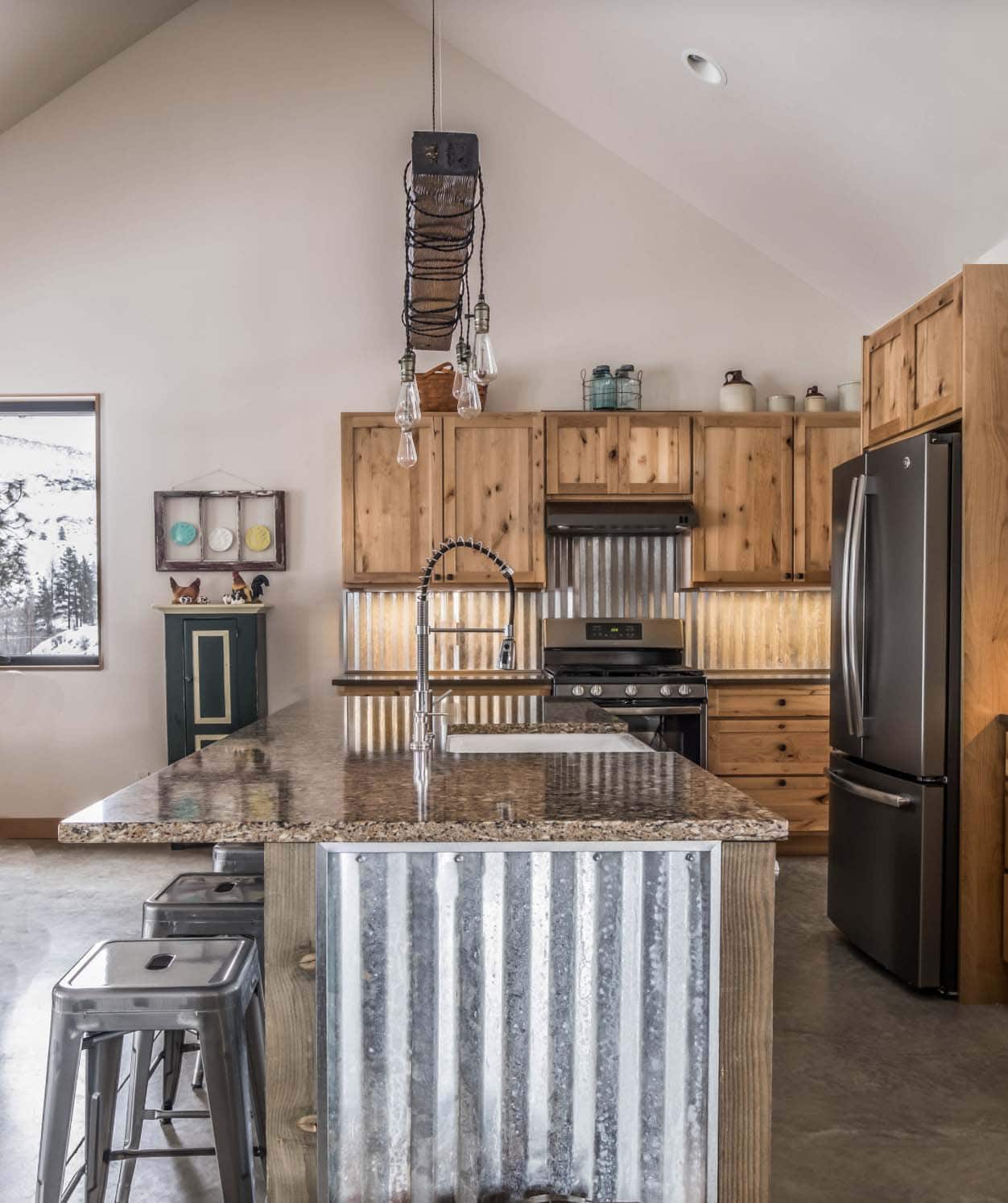 rustic kitchen with a corrugated metal island