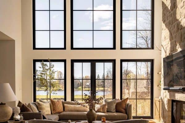 contemporary living room with large windows