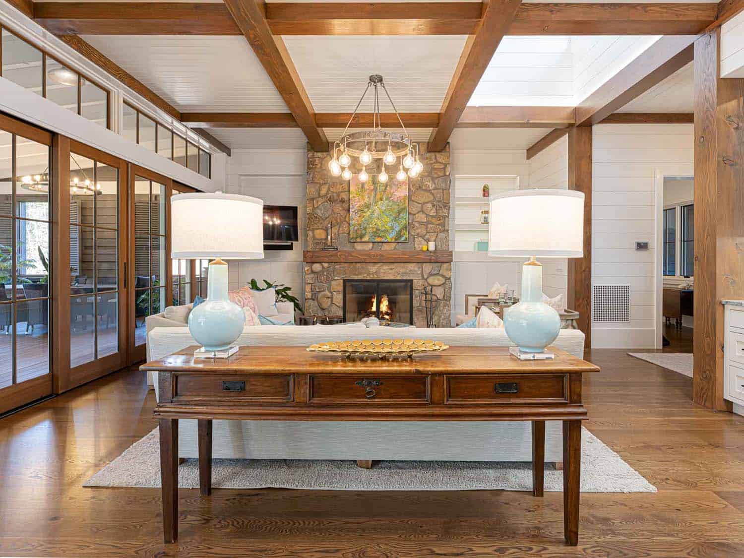 contemporary farmhouse style living room with a fireplace