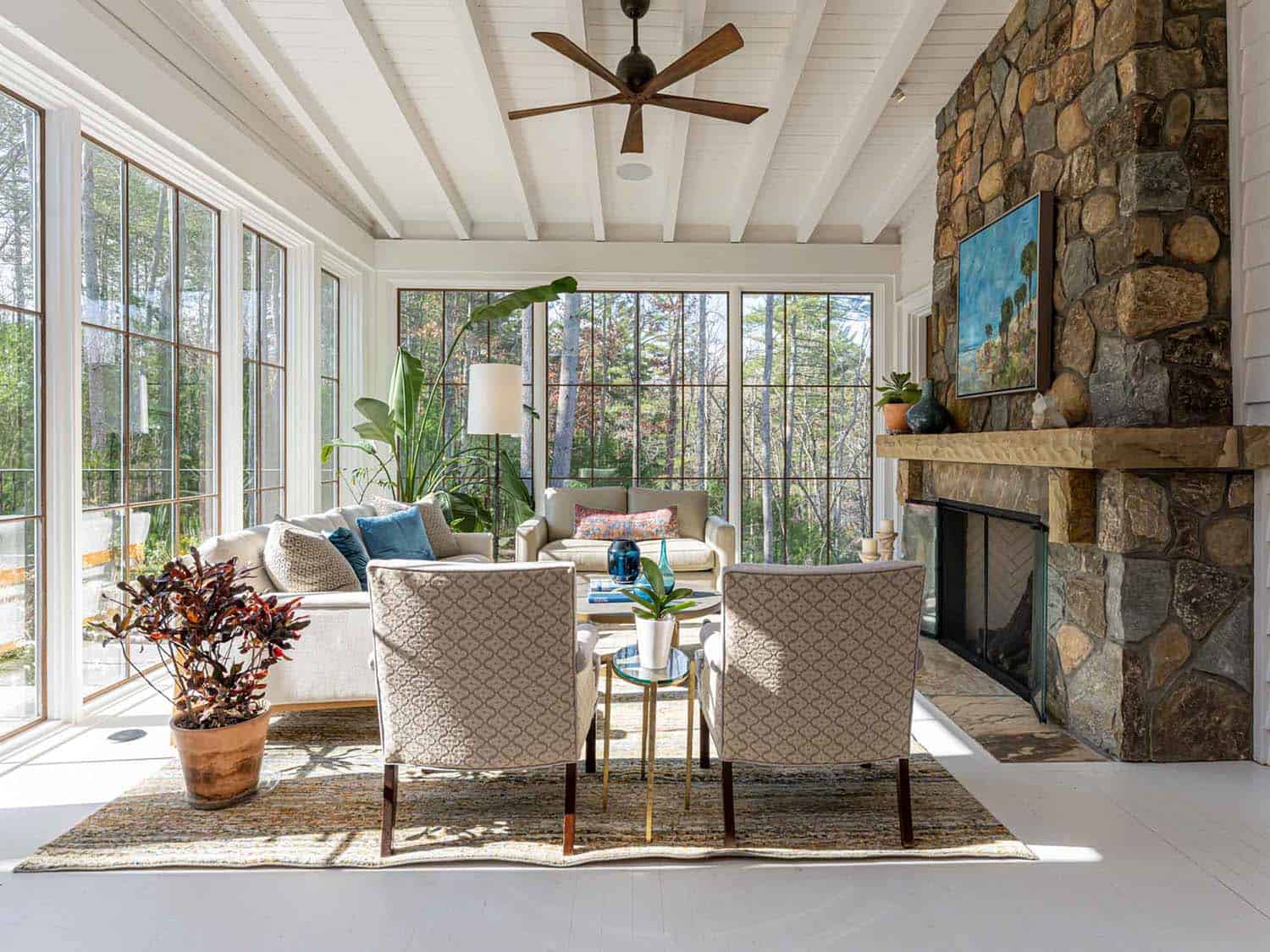 contemporary farmhouse style sunroom with a fireplace
