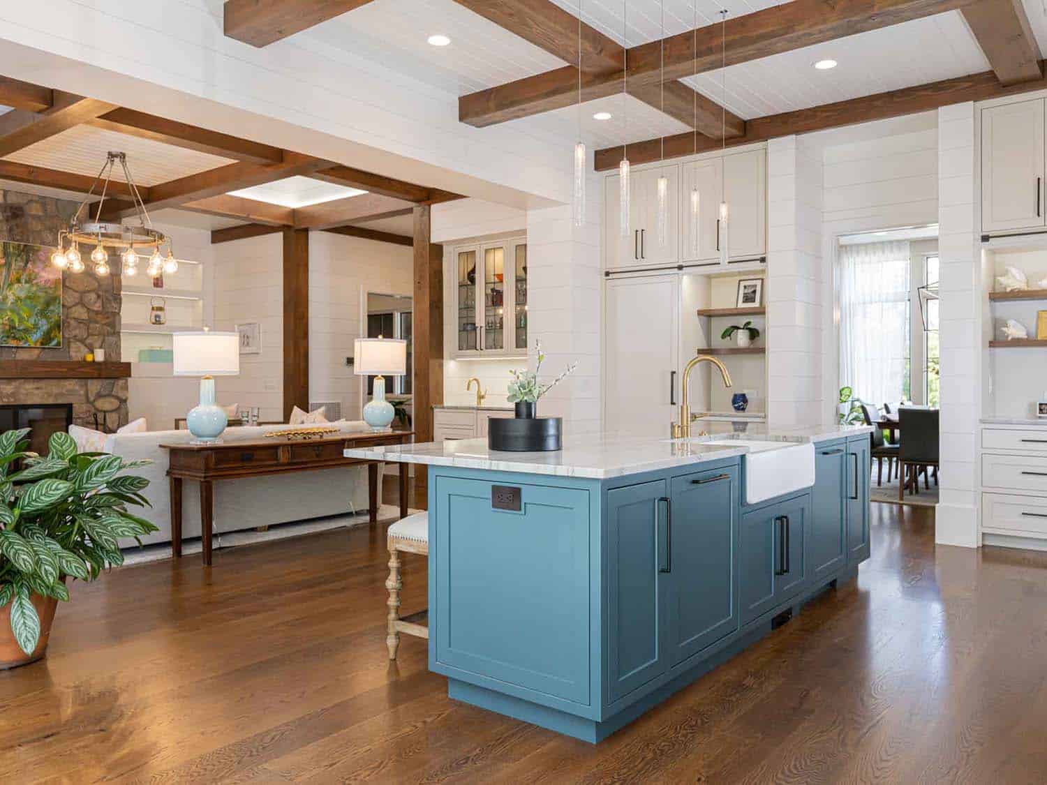 contemporary farmhouse style kitchen looking into the living room