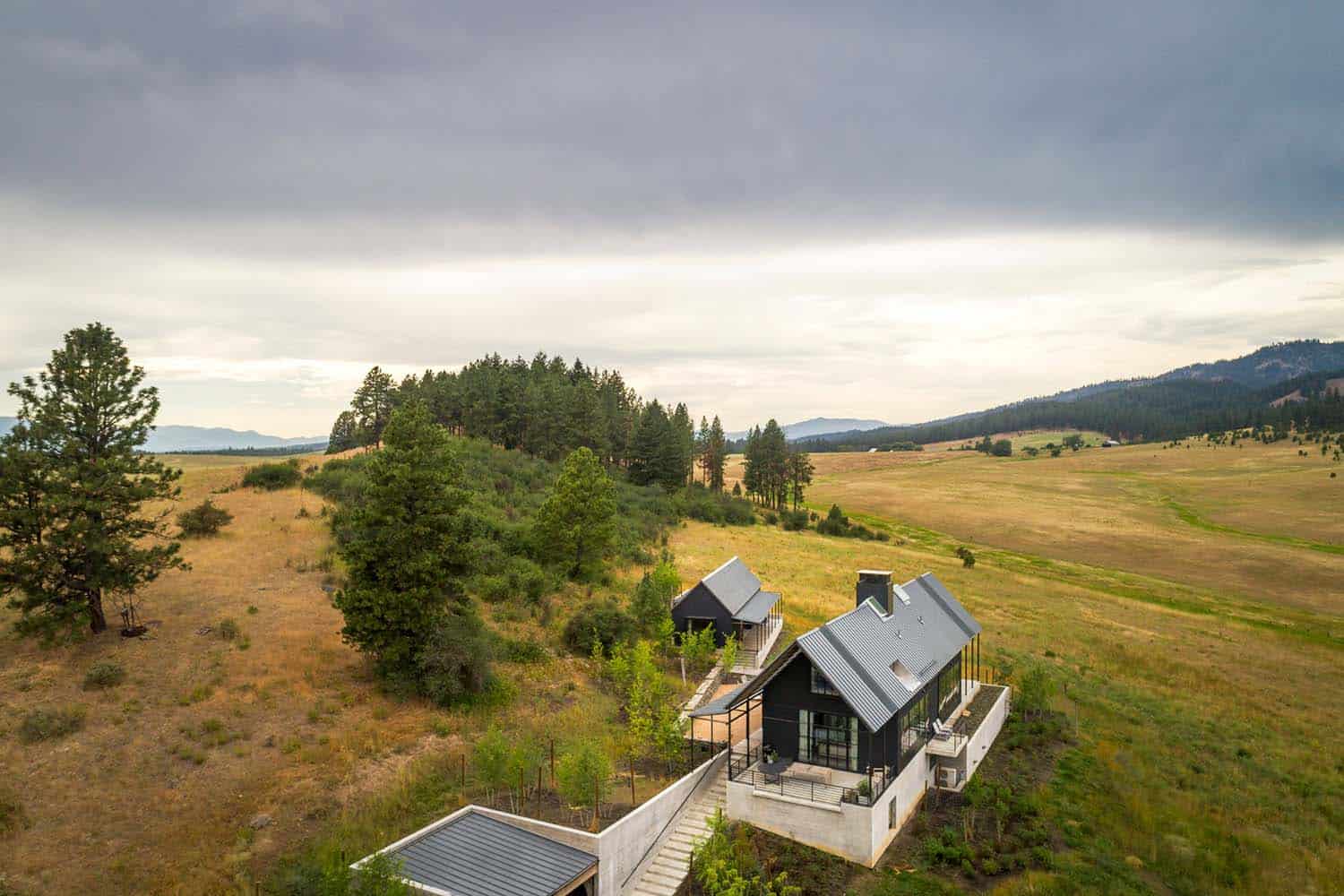 contemporary ranch home exterior aerial view