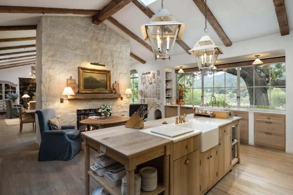 European-inspired kitchen with a view sitting area in front of a dual-sided fireplace