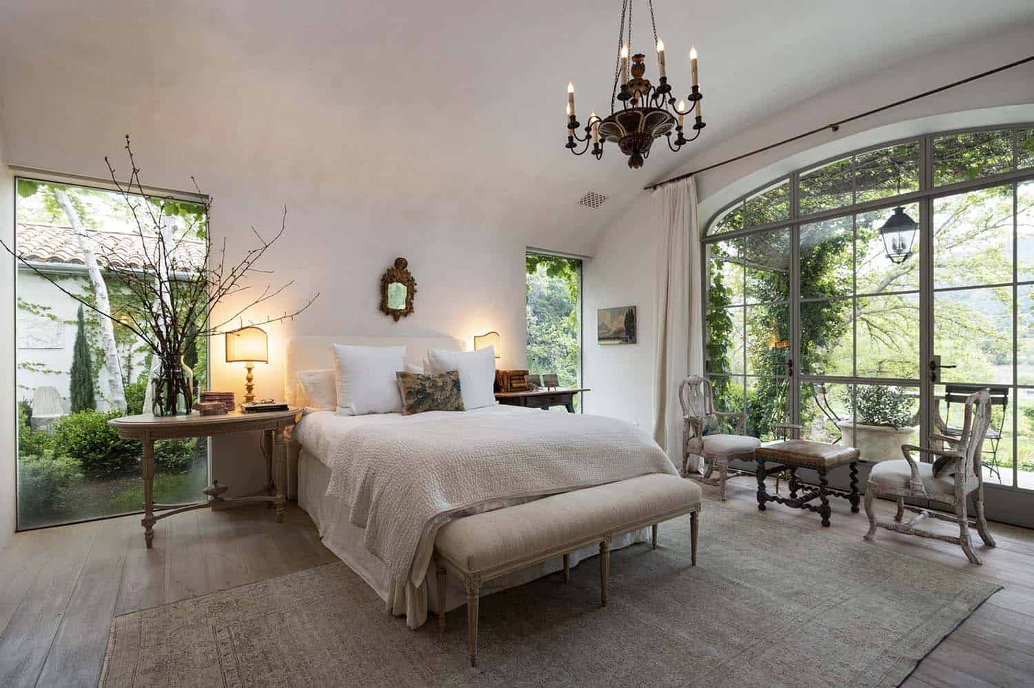 European-inspired bedroom with French doors