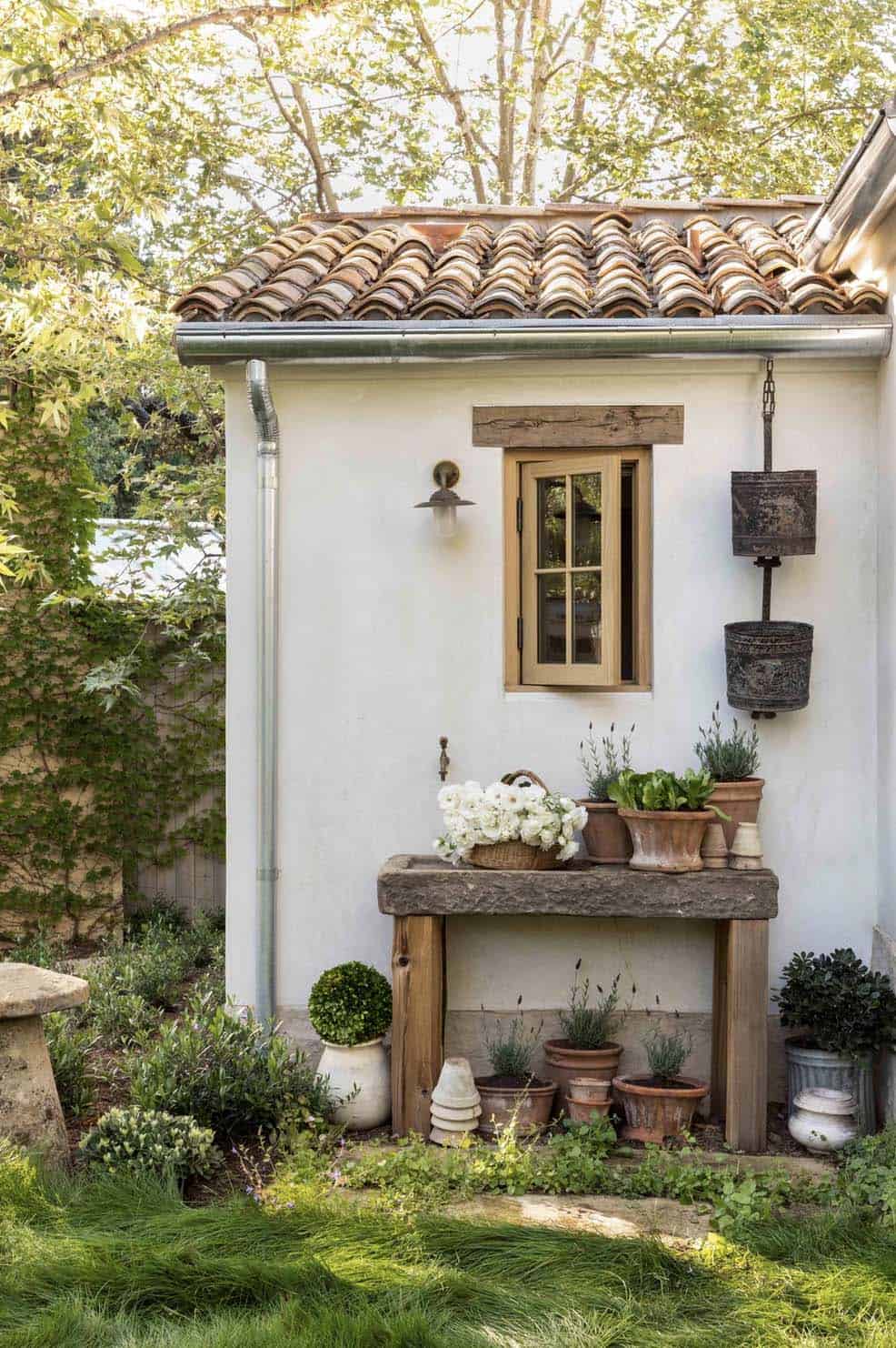 European-inspired country home potting bench