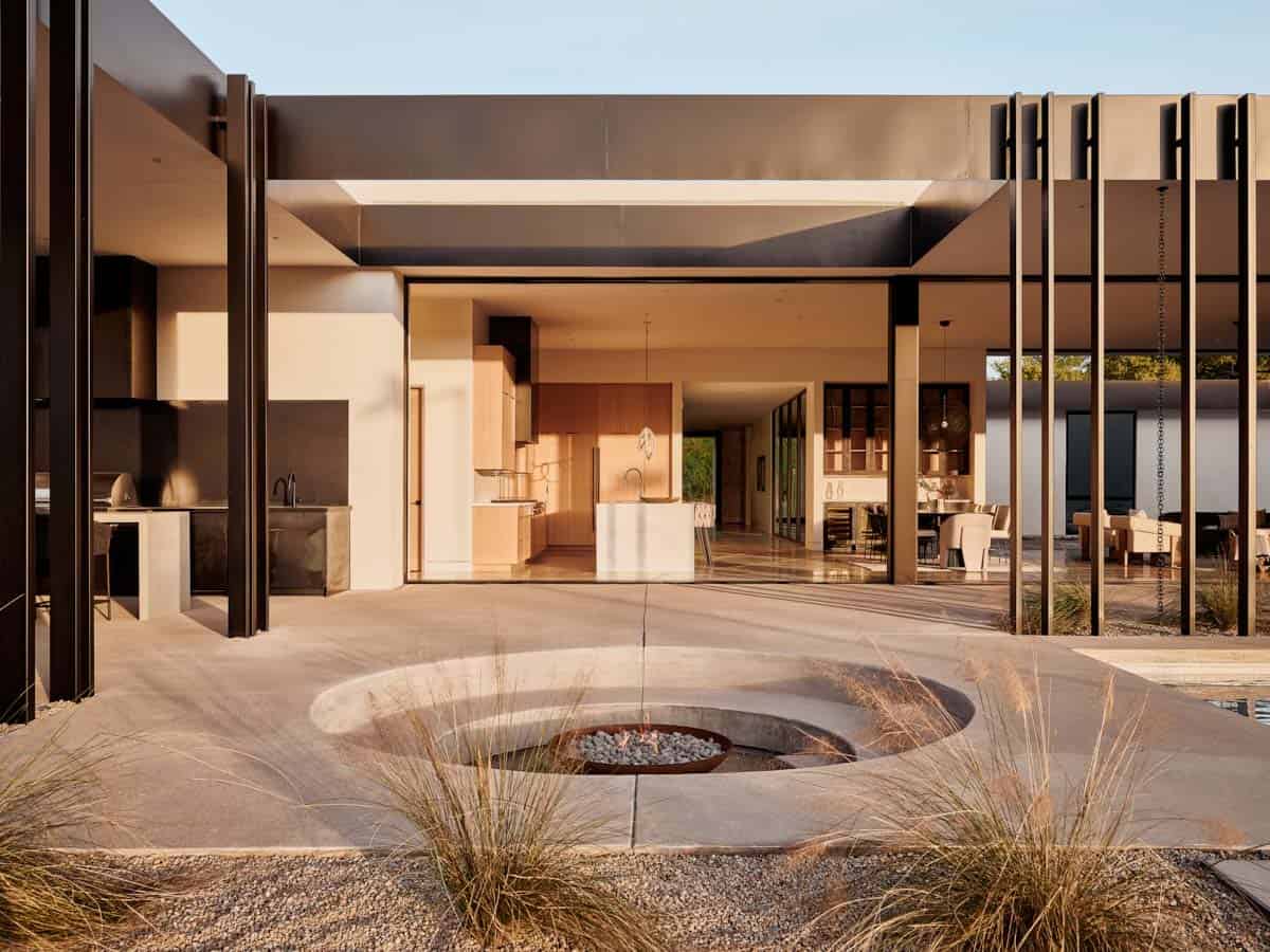 modern desert house patio with a sunken conversation pit