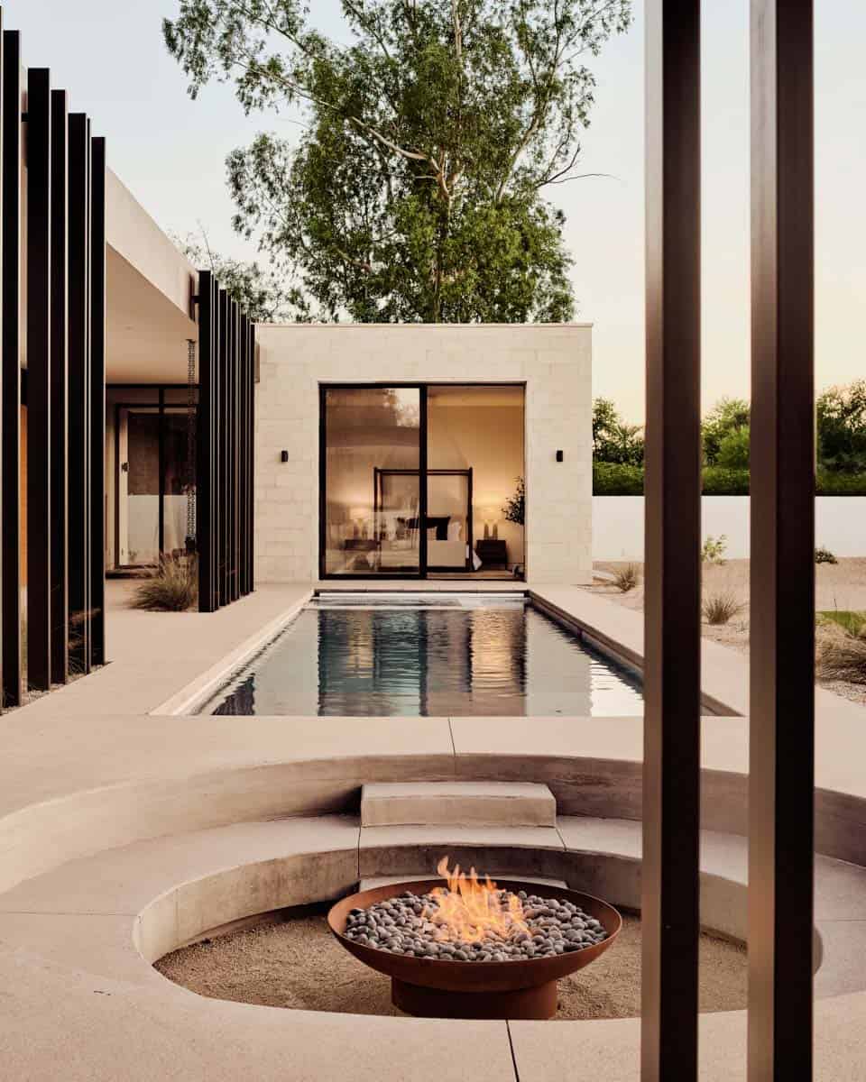 modern desert house patio with a sunken conversation pit and pool