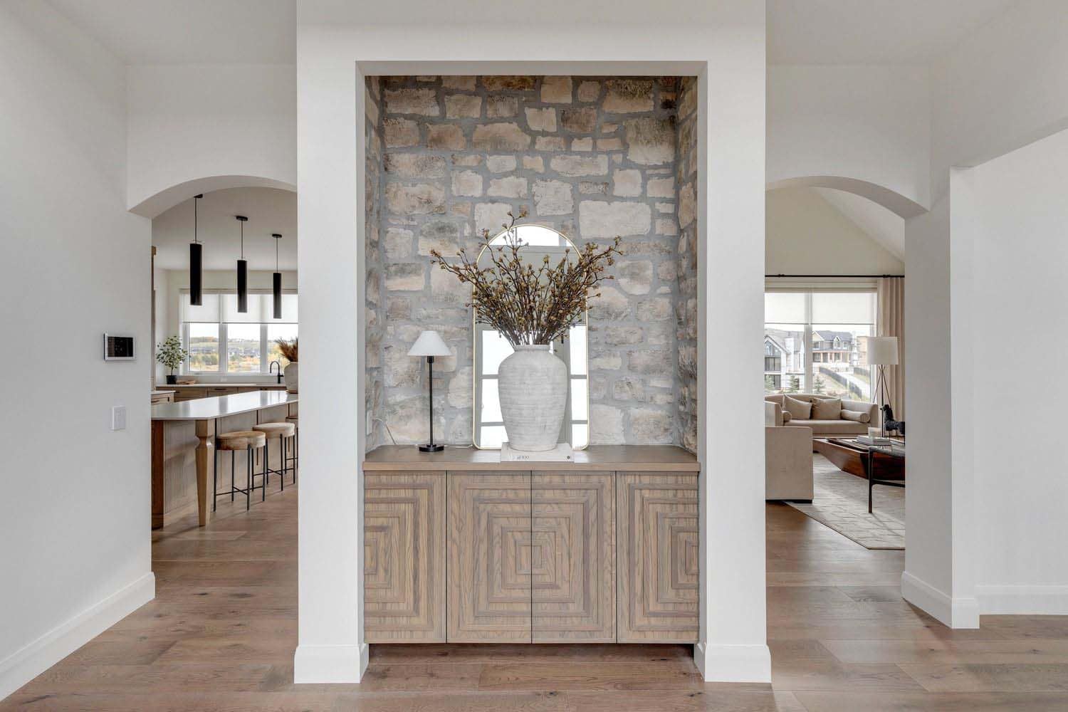 contemporary home entry with a built-in console table