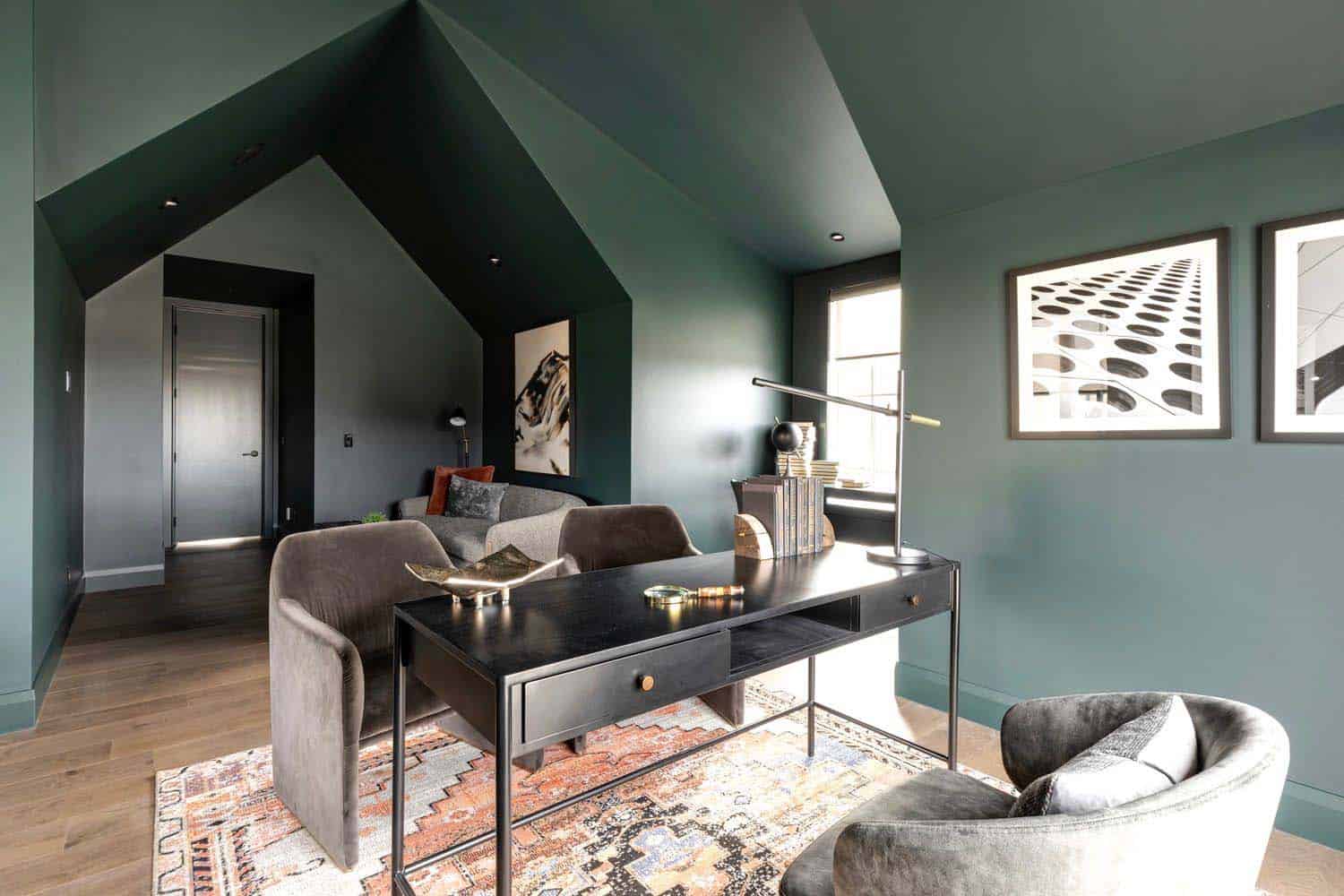 contemporary home office with dark walls