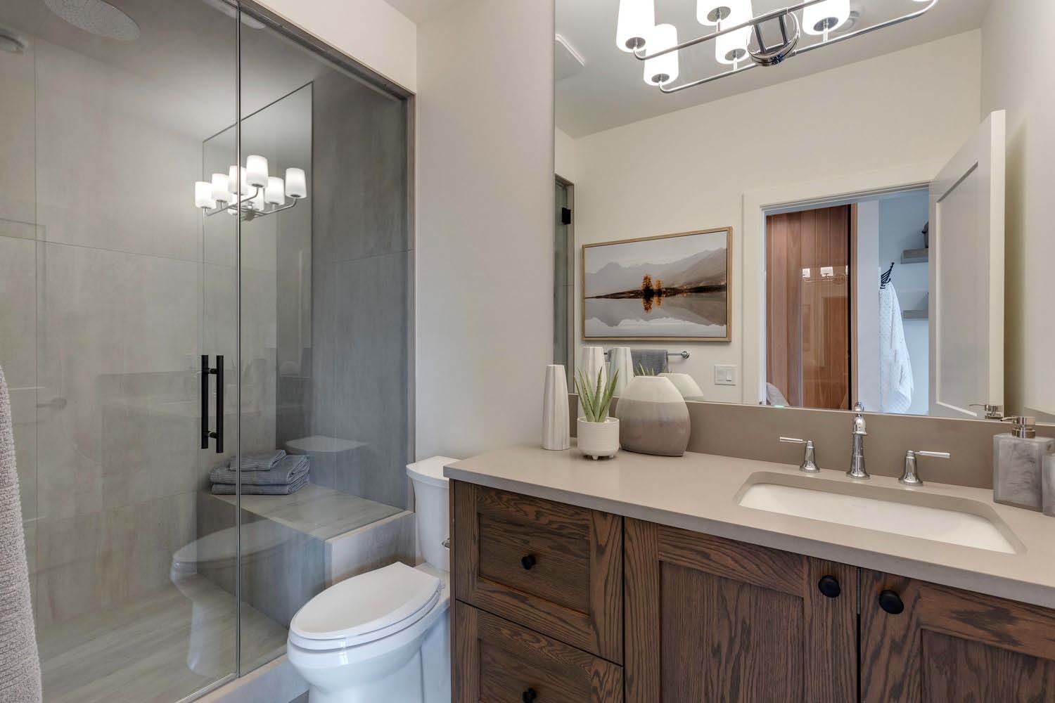 contemporary lower level bathroom with a vanity and shower