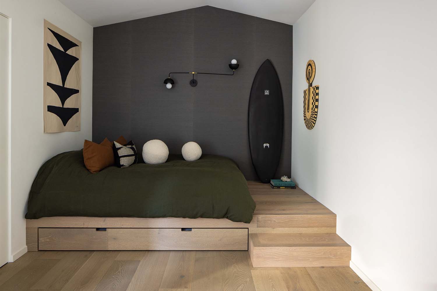 midcentury modern kids bedroom with a built-in bed and storage