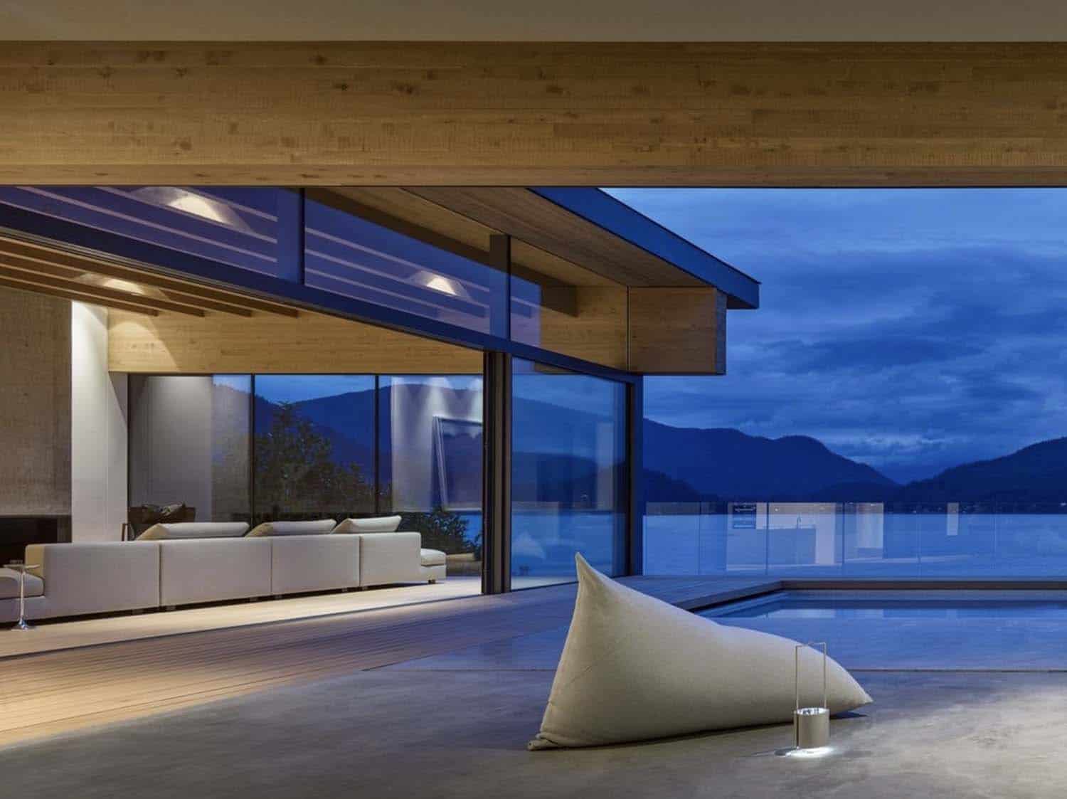 minimalist home covered terrace at dusk