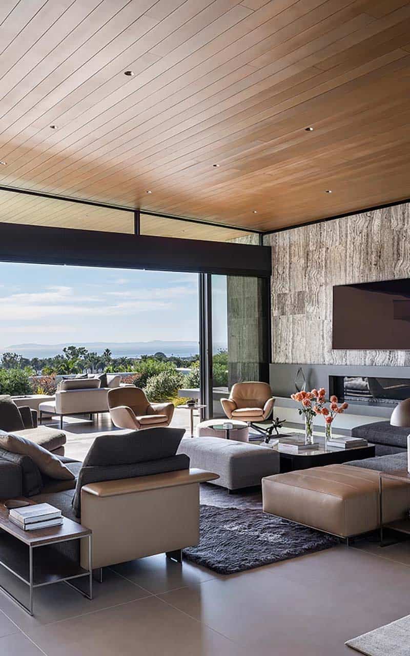 modern living room with a sliding glass doors with a view