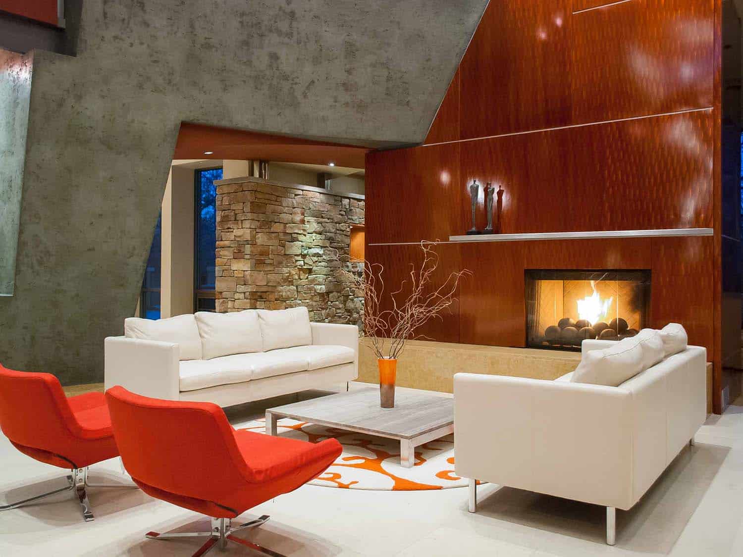 modern living room with a fireplace