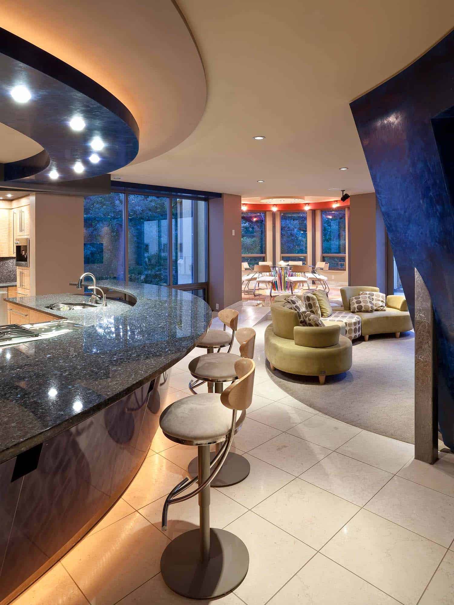 modern kitchen with a curved bar top