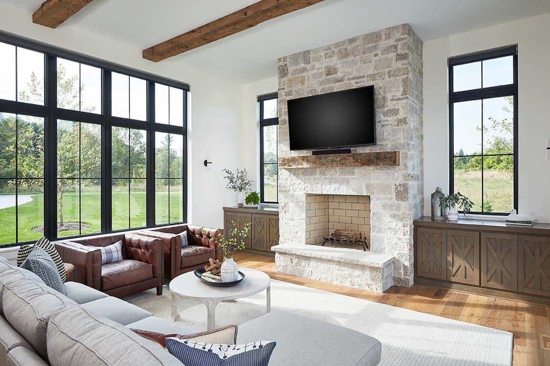 modern farmhouse living room with a fireplace