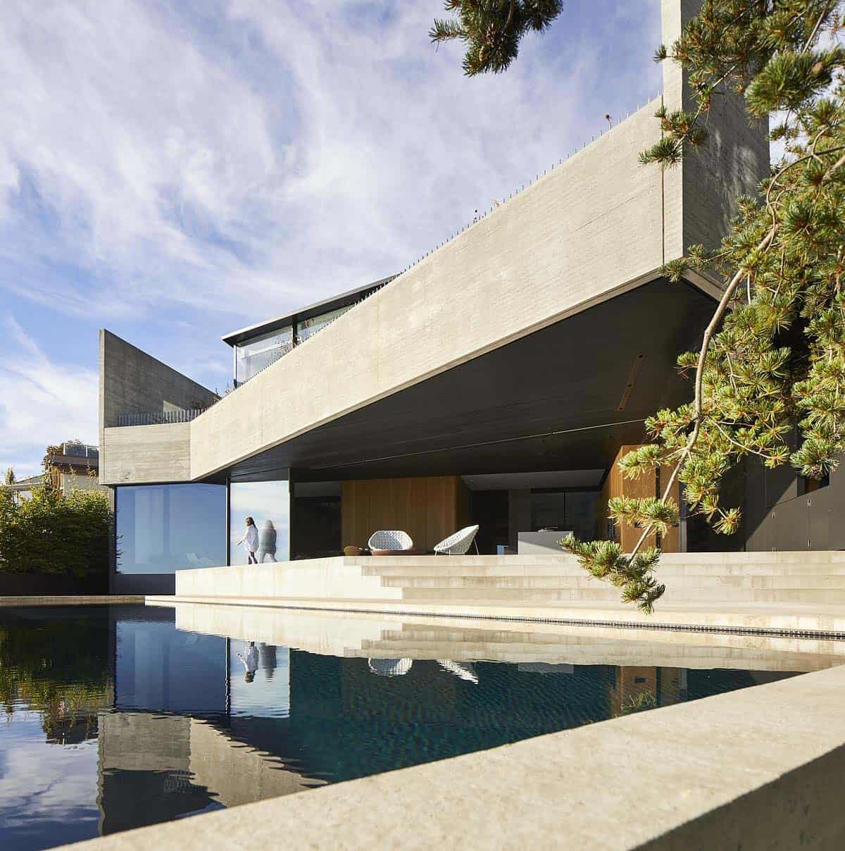 modern home exterior with a patio and pool
