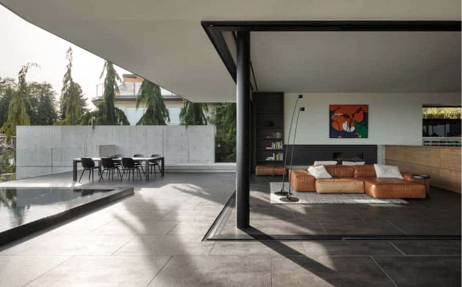 modern house patio with a connection to the living room through sliding glass doors