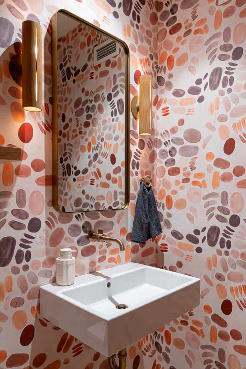 modern powder room with wallpaper
