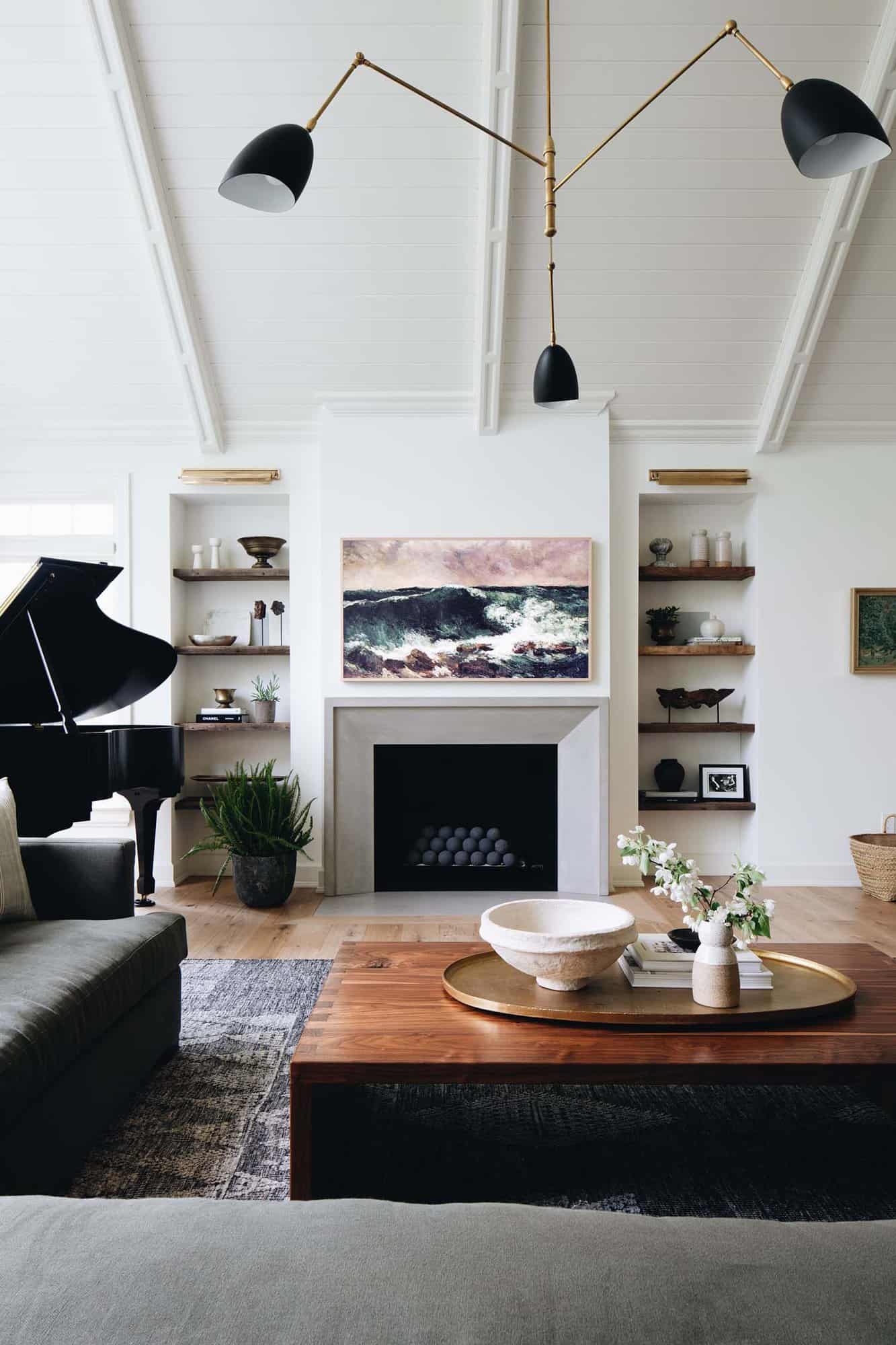 modern Scandinavian living room with a fireplace