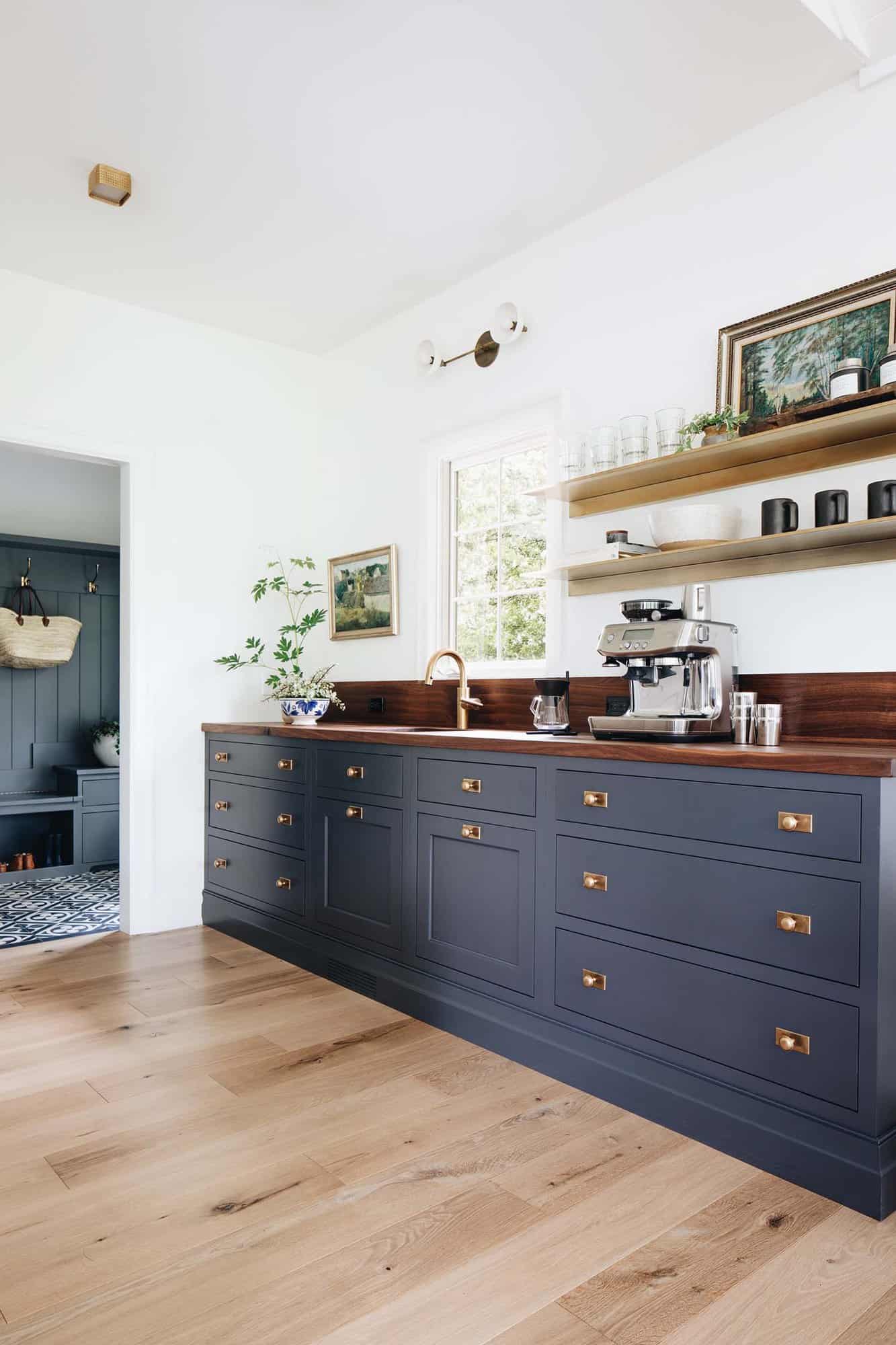 modern Scandinavian kitchen bar with blue cabinets