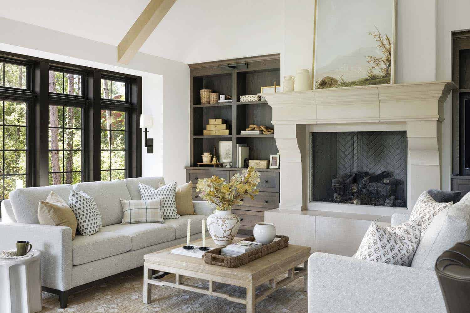 modern traditional living room with a fireplace