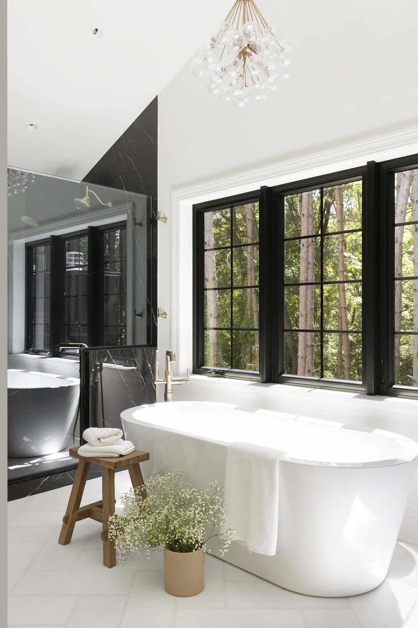 modern traditional bathroom with a freestanding tub in front of a large window