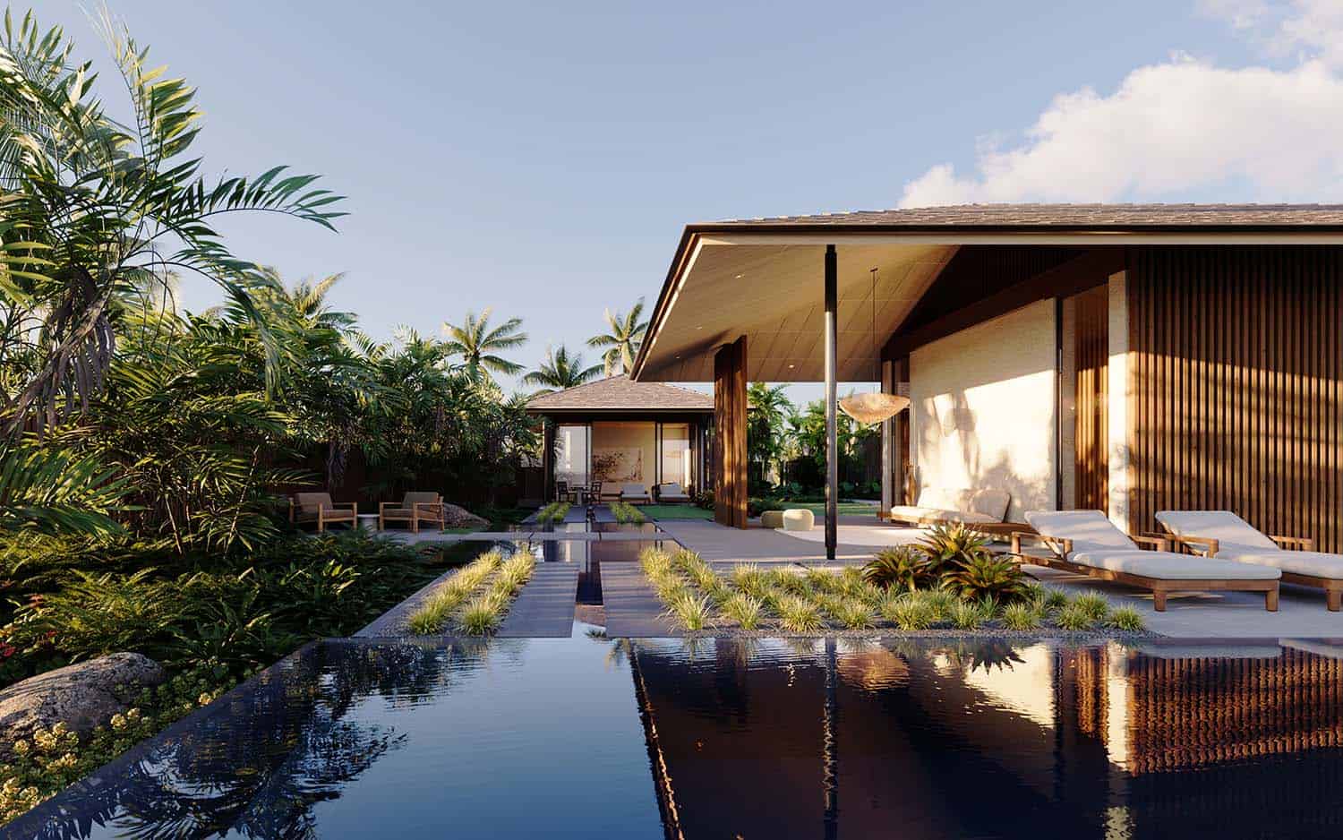 modern tropical house exterior with a pool