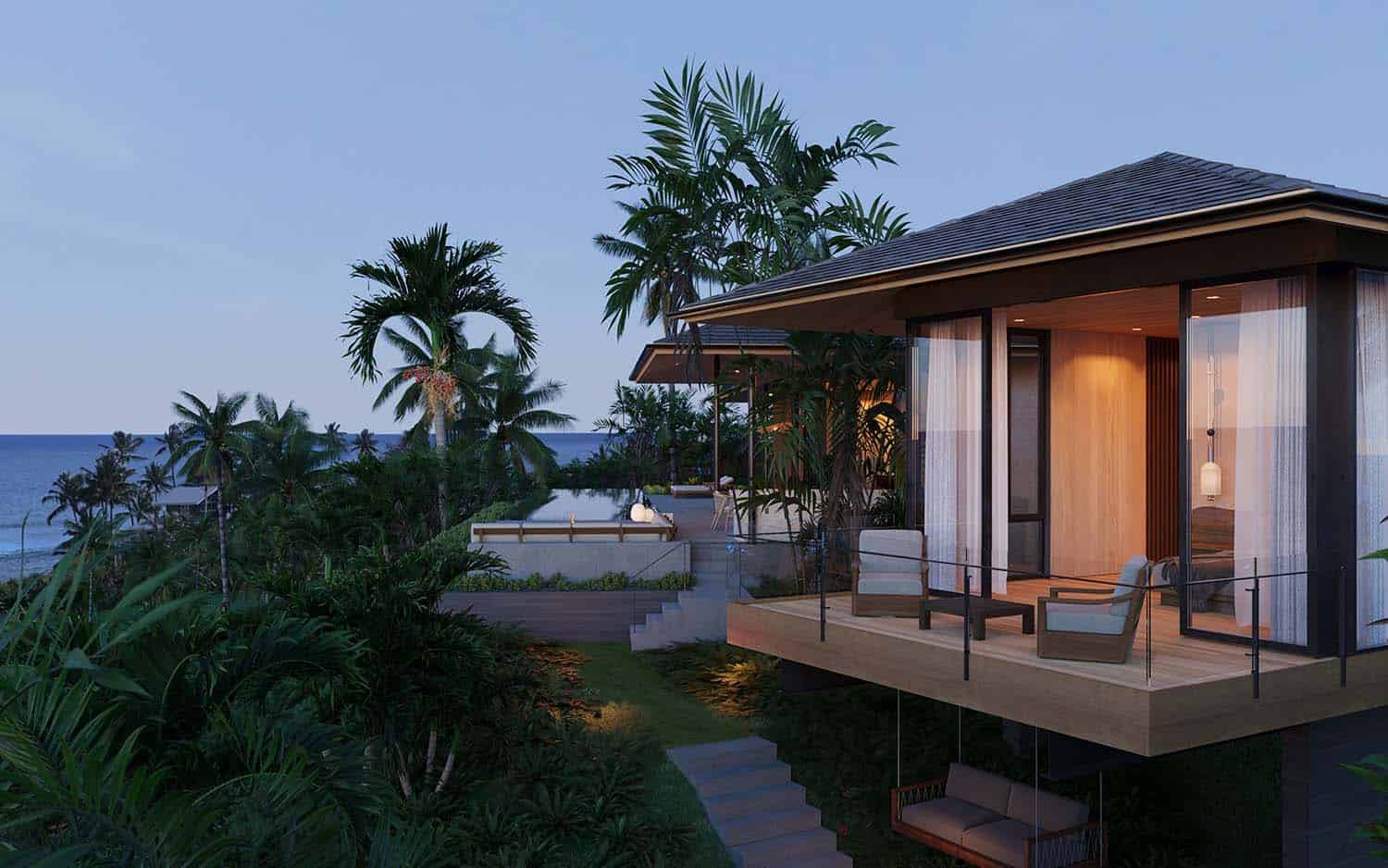 modern tropical house exterior bedroom view with limestone floors at dusk