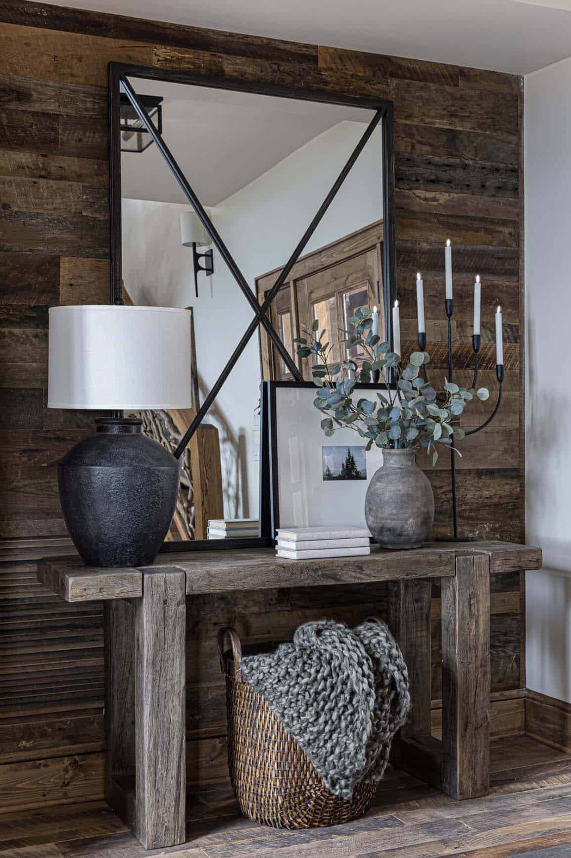 modern rustic mountain home entry with a console table