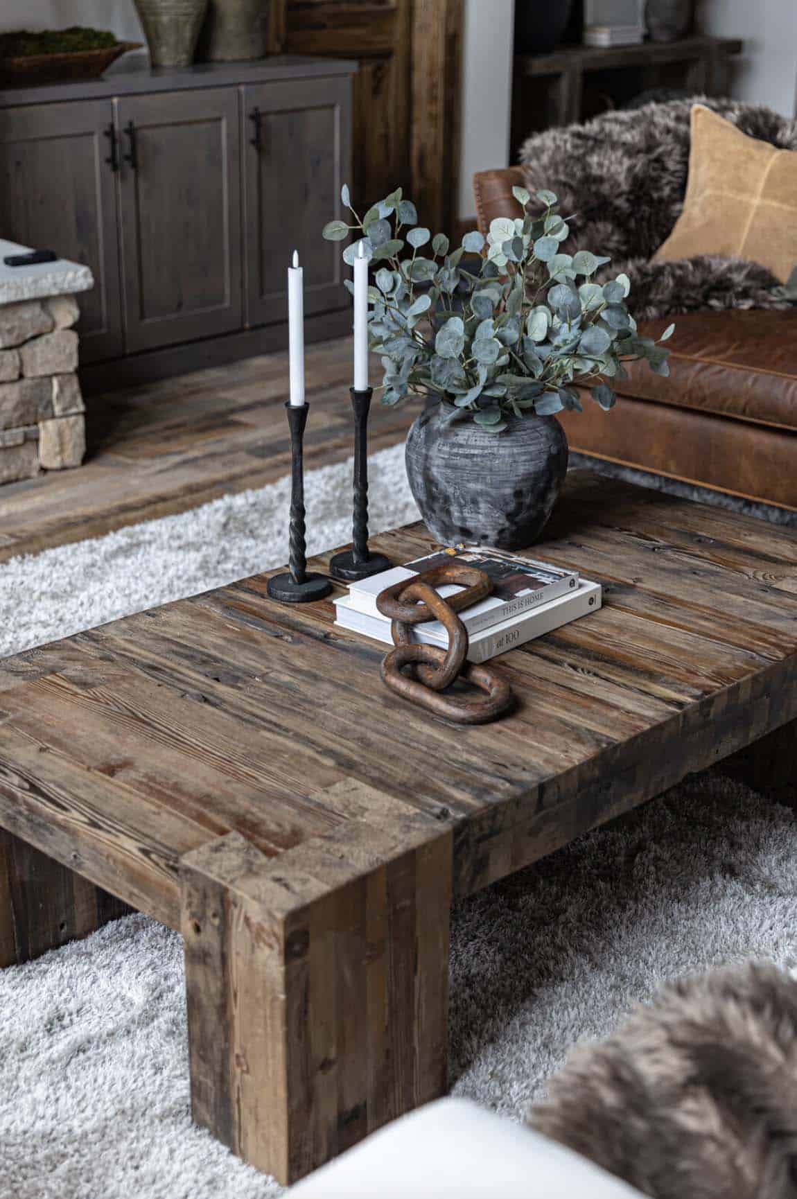 modern rustic living room coffee table detail