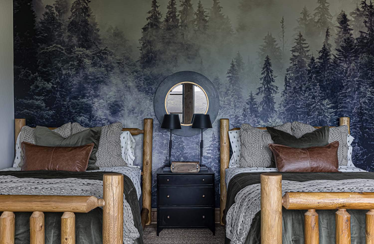 modern rustic guest bedroom with a wall mural