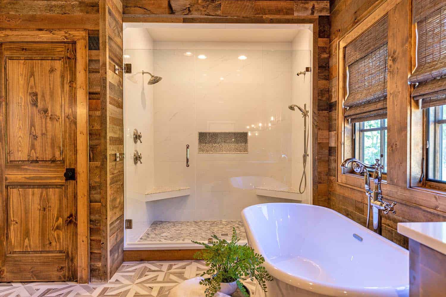 rustic modern bathroom with a freestanding tub and shower