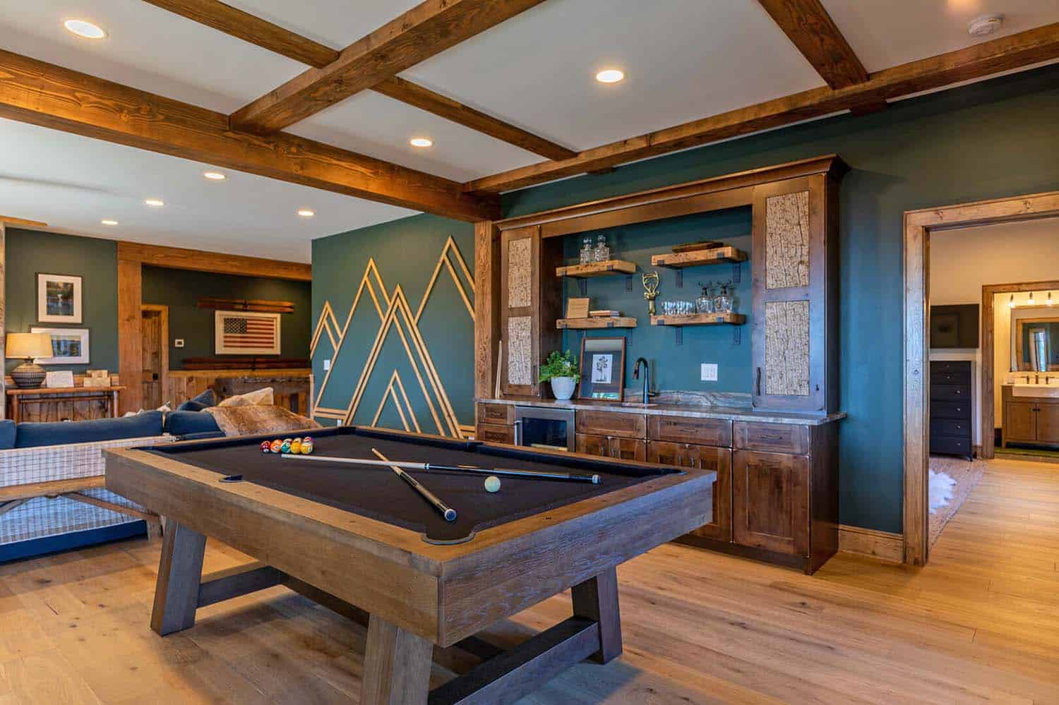 modern rustic family room with a pool table