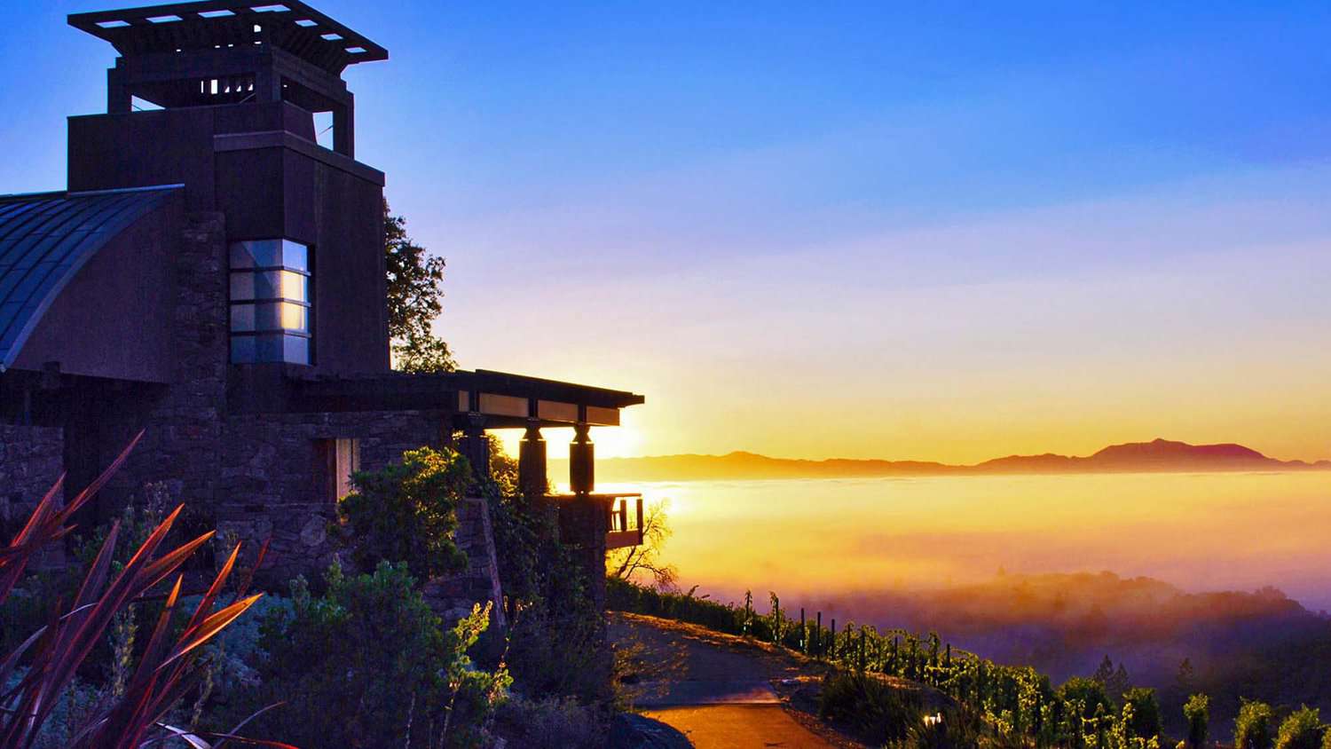 mountain vineyard house exterior at sunset
