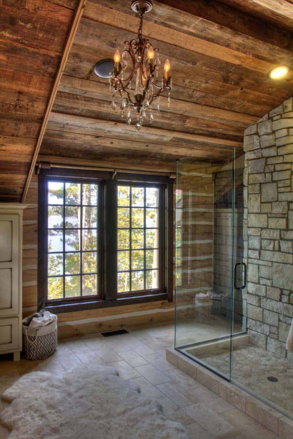 rustic bathroom with a glass-enclosed shower
