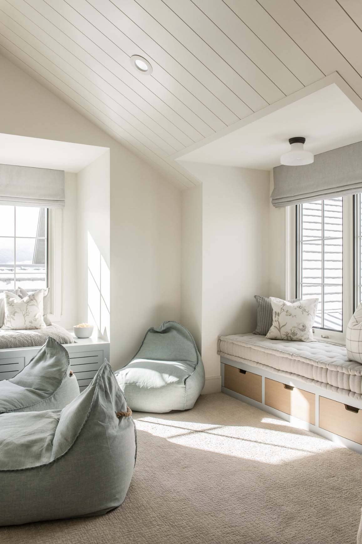 traditional farmhouse style playroom with a window seat