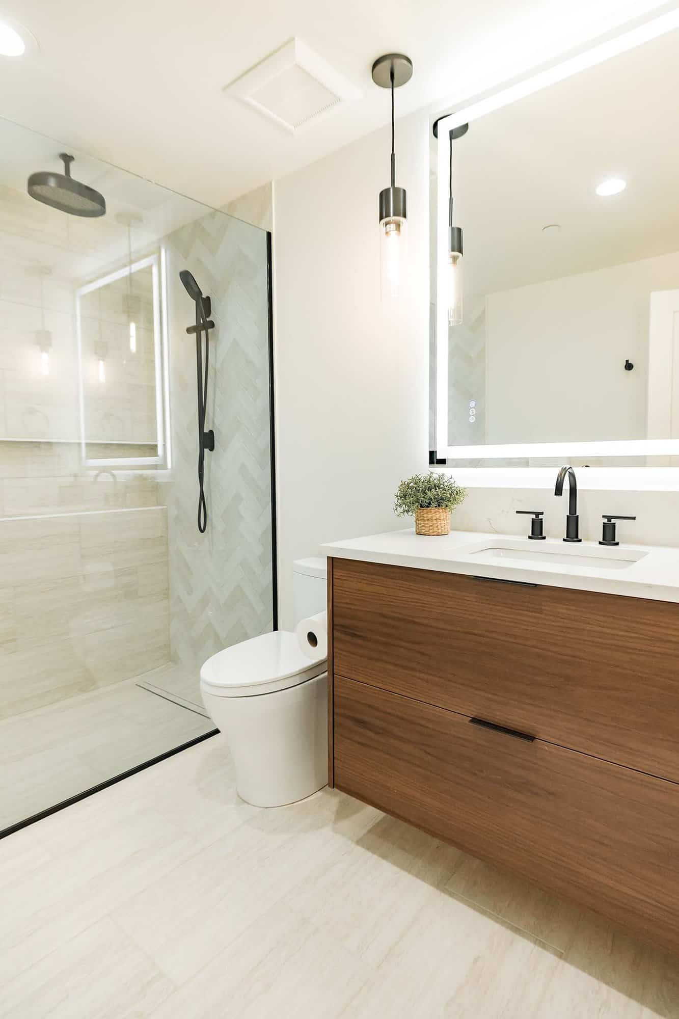 modern bathroom vanity with a shower