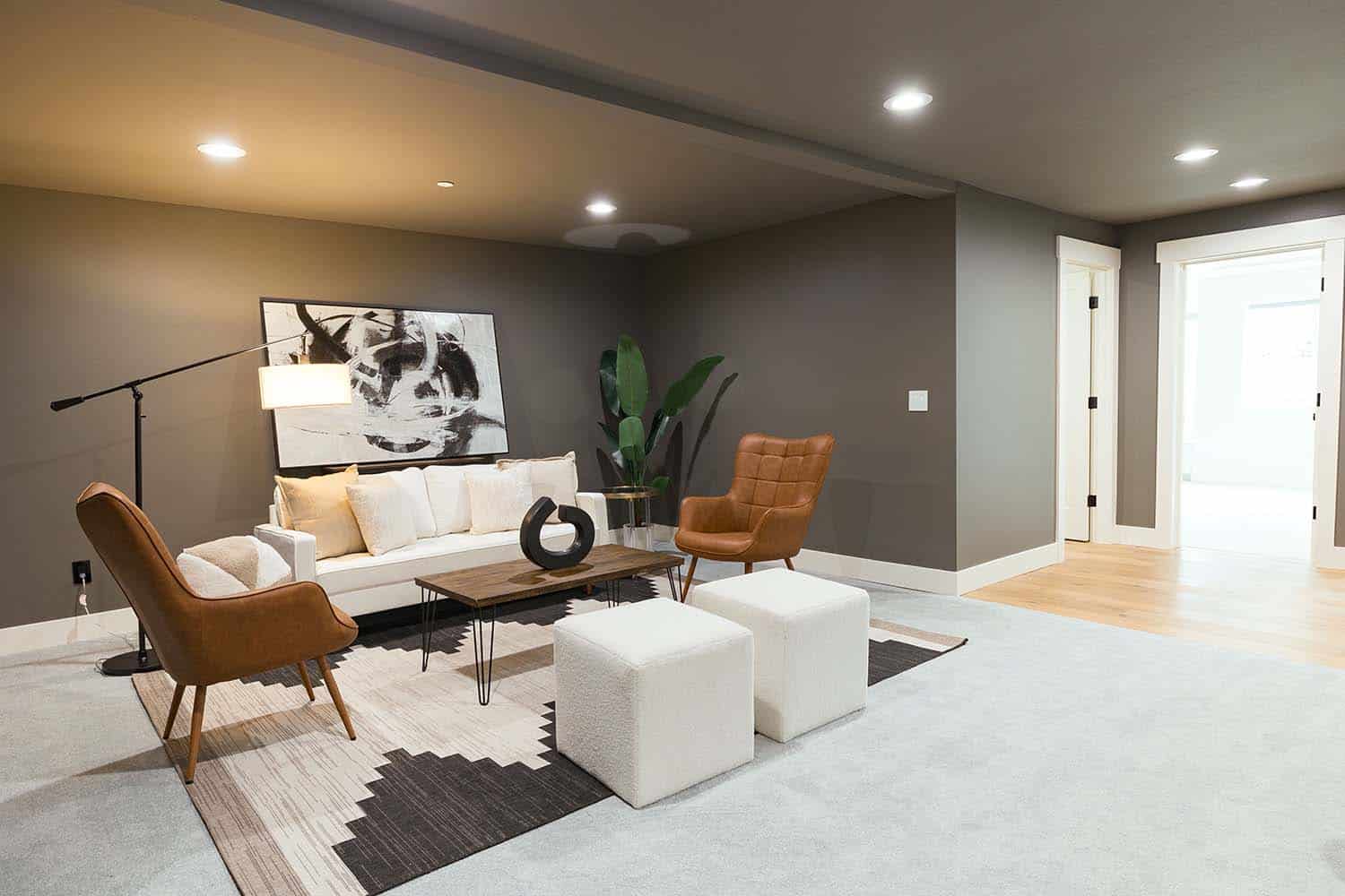 modern family room with dark walls