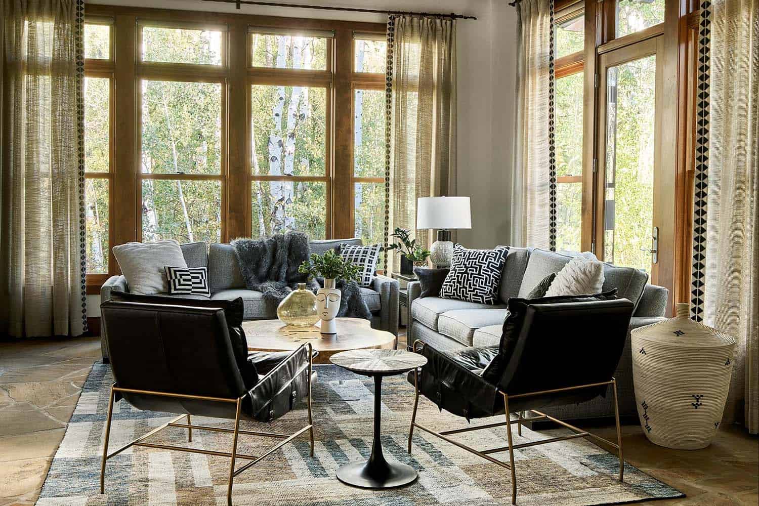 gray contemporary living room with sheer curtains