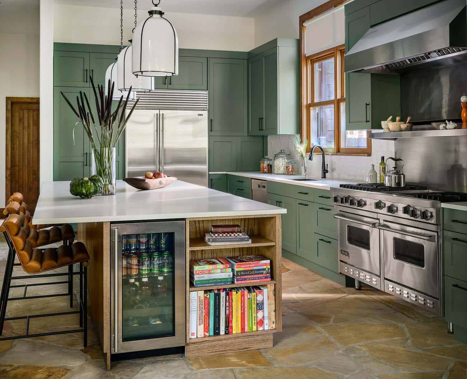 green contemporary kitchen with flagstone flooring