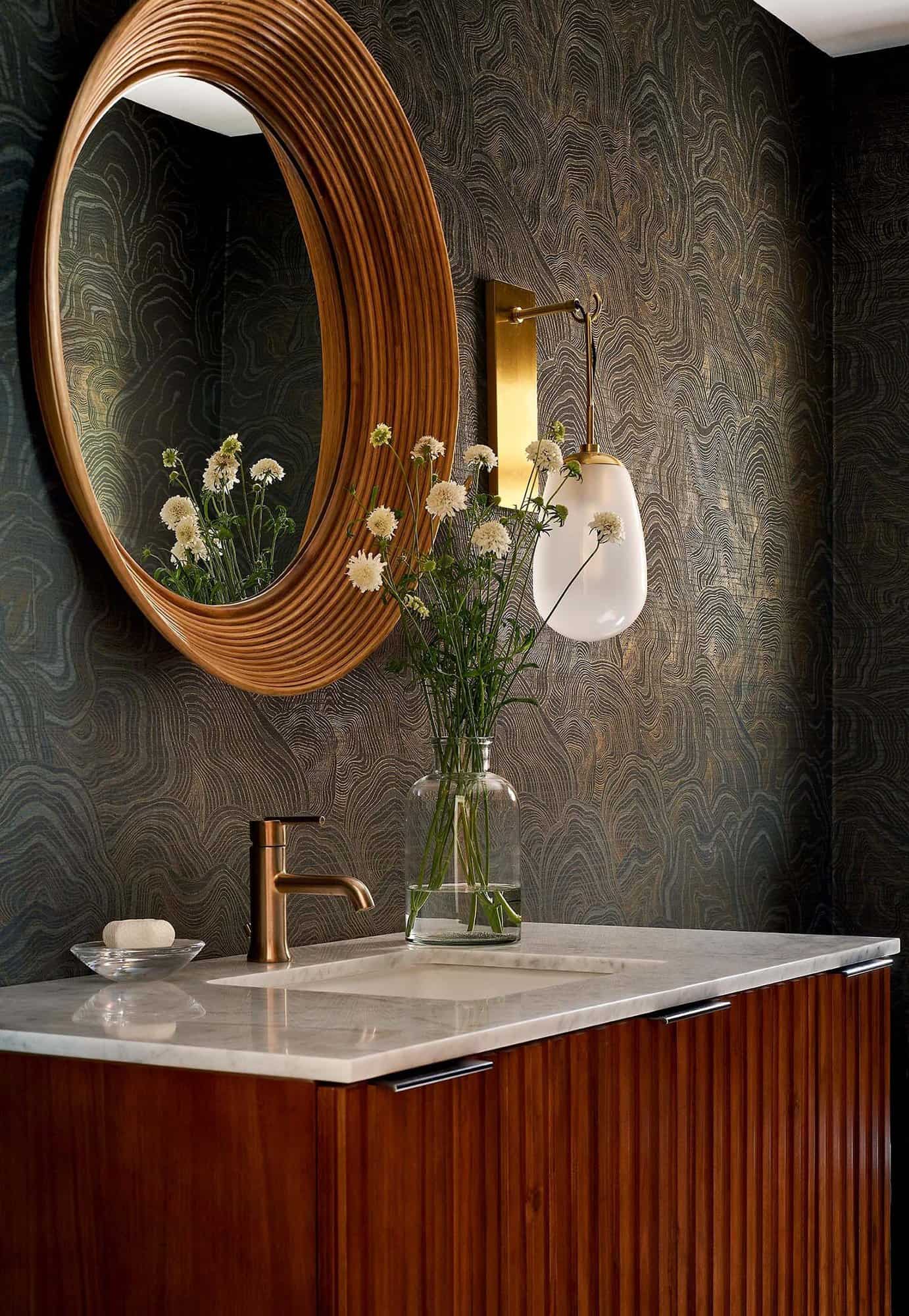 brown contemporary bathroom with textured wallpaper