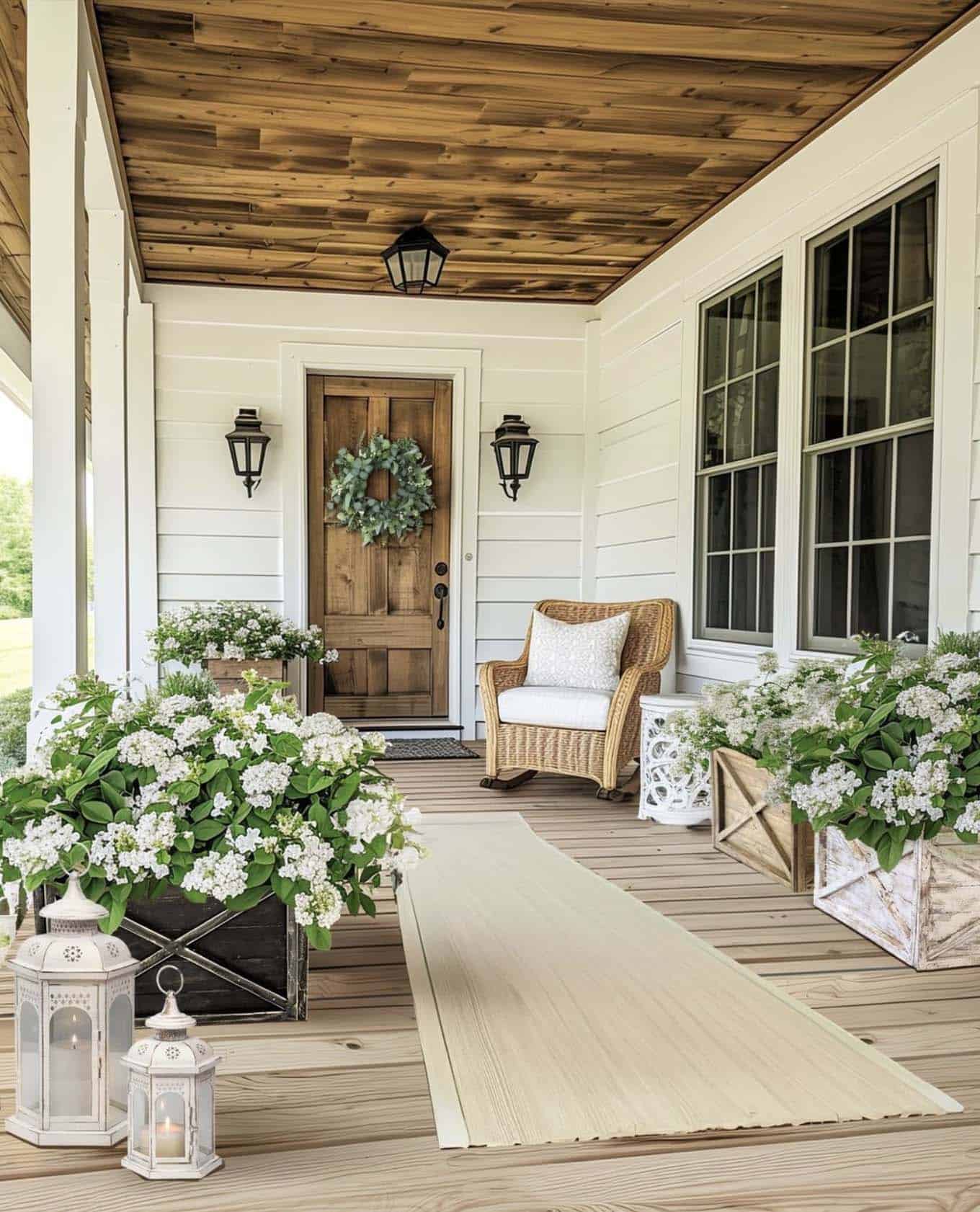 outdoor front porch decorating with planters and lanterns