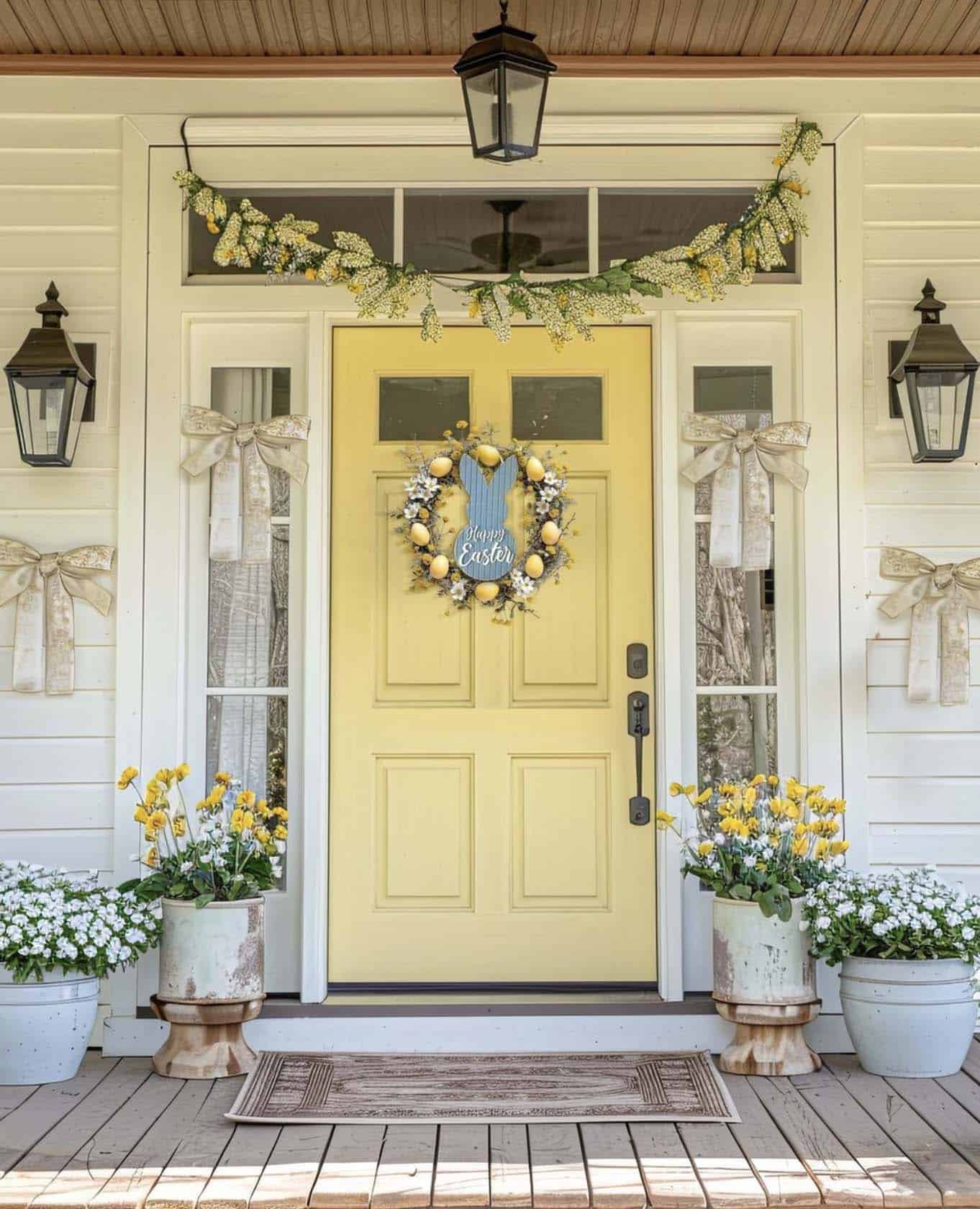 spring decor on the front porch with a yellow door
