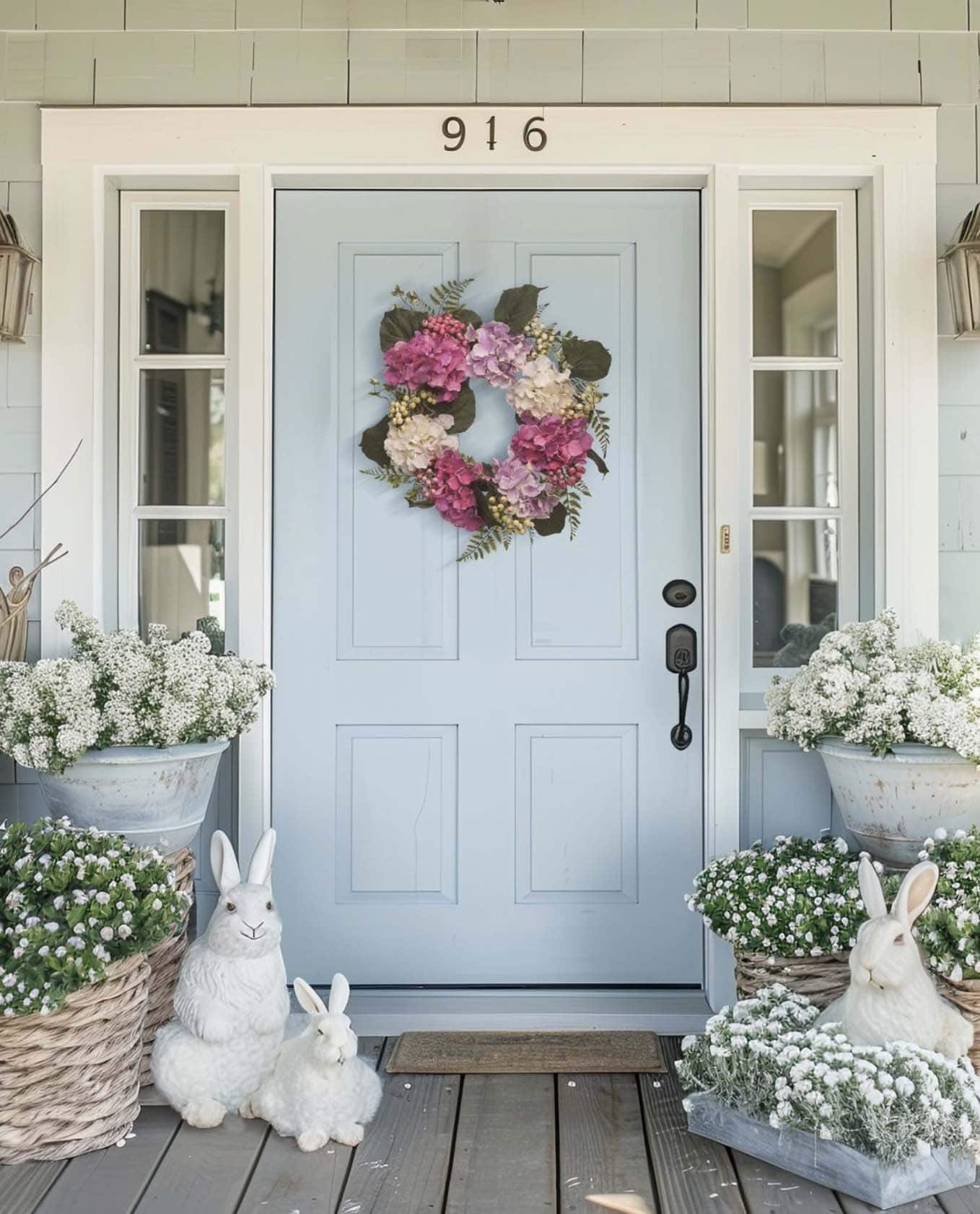 front porch with a power blue door, baskets filled with plants and easter bunnies