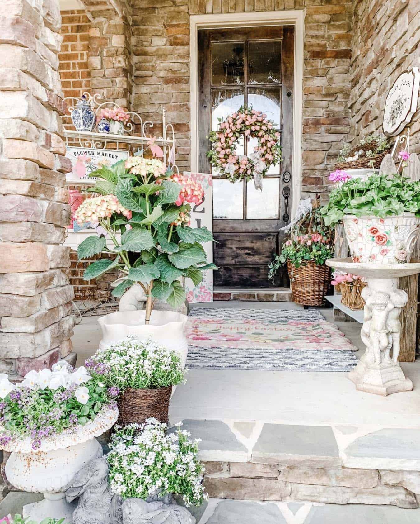 front porch with spring decorations 