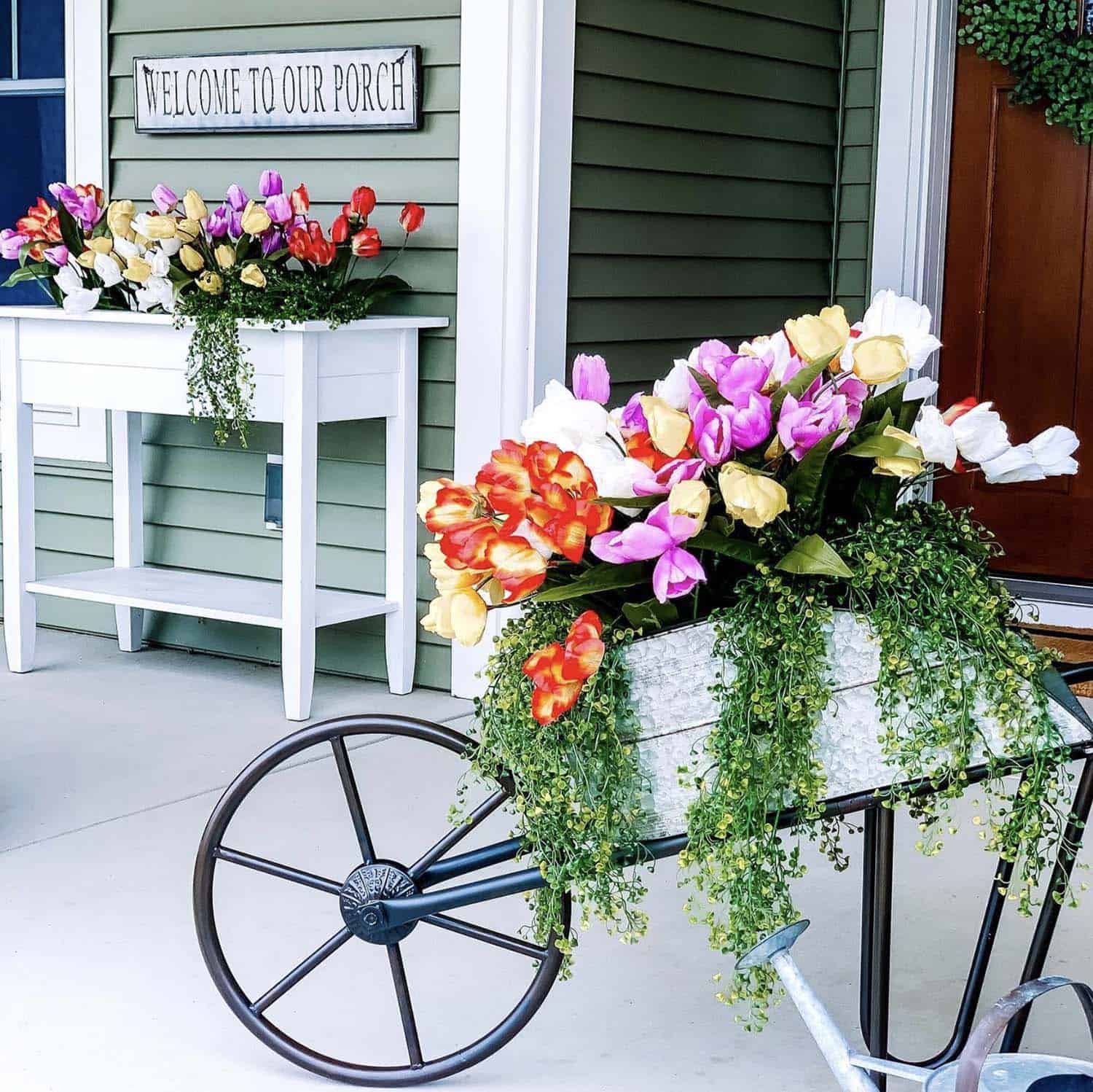spring front porch with faux flowers