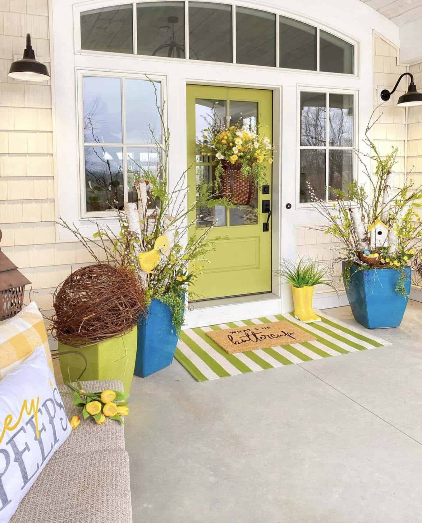 cheerful spring decorated front porch with green and yellow